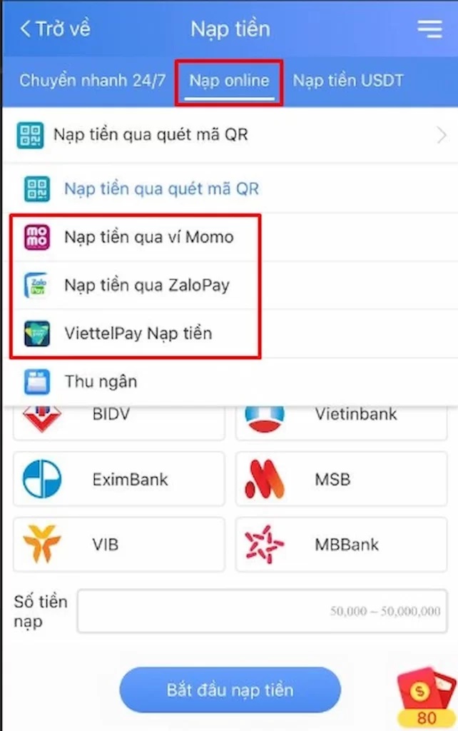 Nạp tiền qua ví điện tử